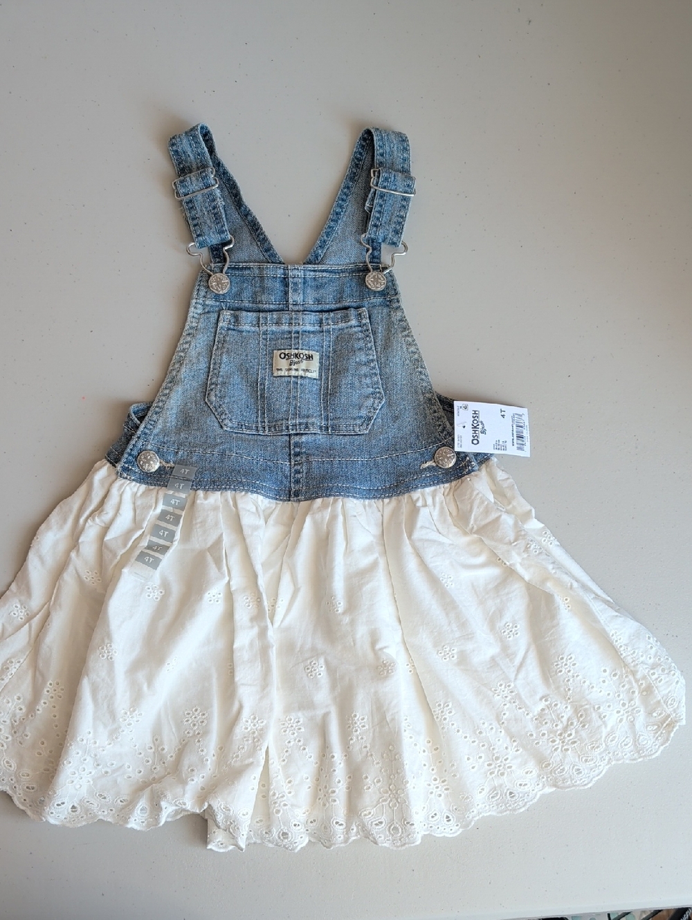 OshKosh B'gosh Light Blue Denim & White Eyelet Skirt Overall Dress